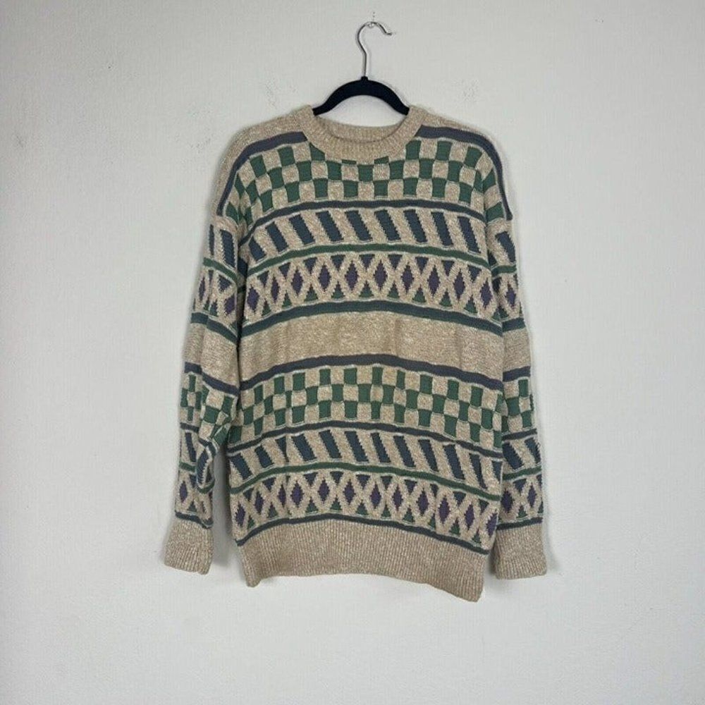 Vintage 90s Alan Flusser Cream Striped Crewneck Cotton Sweater Men's Size Large